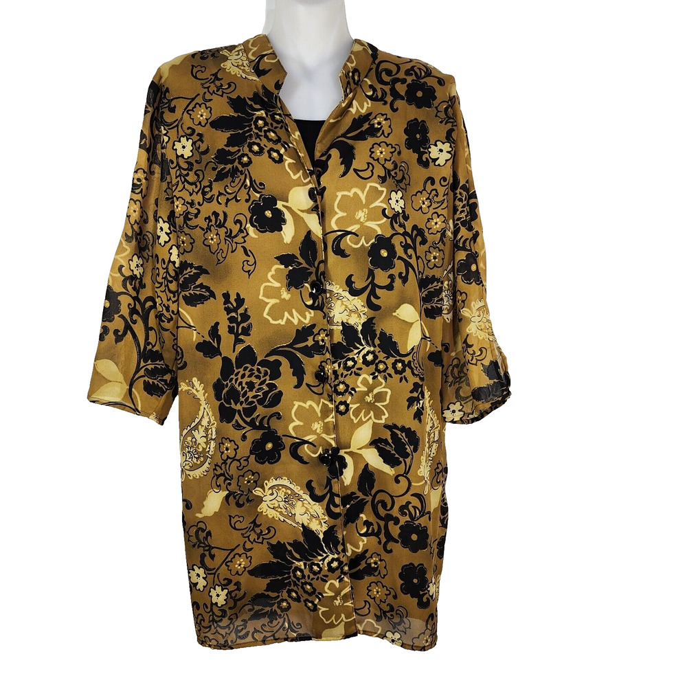 Gloria Lance Womens 2Fer Shirt 2X Brown Black Gold Floral Button Built in Cami